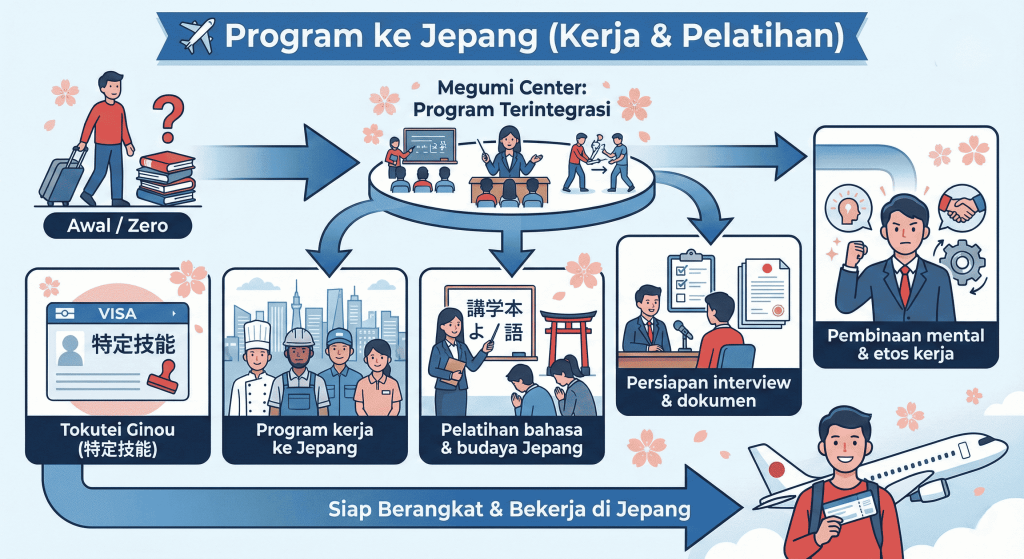 Persiapan kerja ke jepang, Program ke jepang kerja & pelatihan, Persiapan JLPT JFT, persiapan JLPT, persiapan JFT, kursus bahasa jepang di jakarta, lowongan kerja dan magang ke jepang, lowongan kerja ke jepang, lowongan magang ke jepang, terbaik di jakarta, megumi center indonesia, kursus bahasa jepang.
